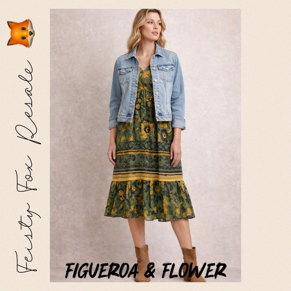 NWT Figueroa & Flower Green Floral Boho Midi Dress Size L Cottagecore
